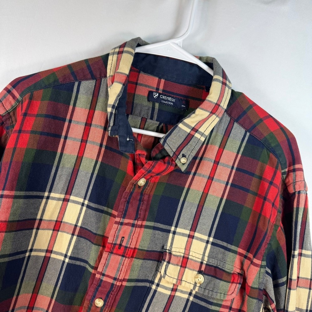 Cremieux Collection Mens XL Plaid Flannel Shirt Elbow Patches Red Navy Cotton